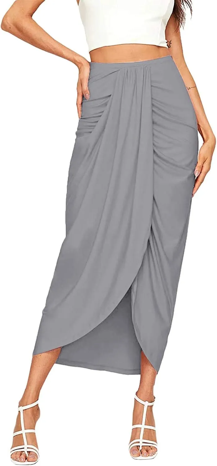 Wrap Women's Draped Skirt High Waist Slit Maxi Solid Elastic Asymmetrical Casual Skirt Maxi Skirt