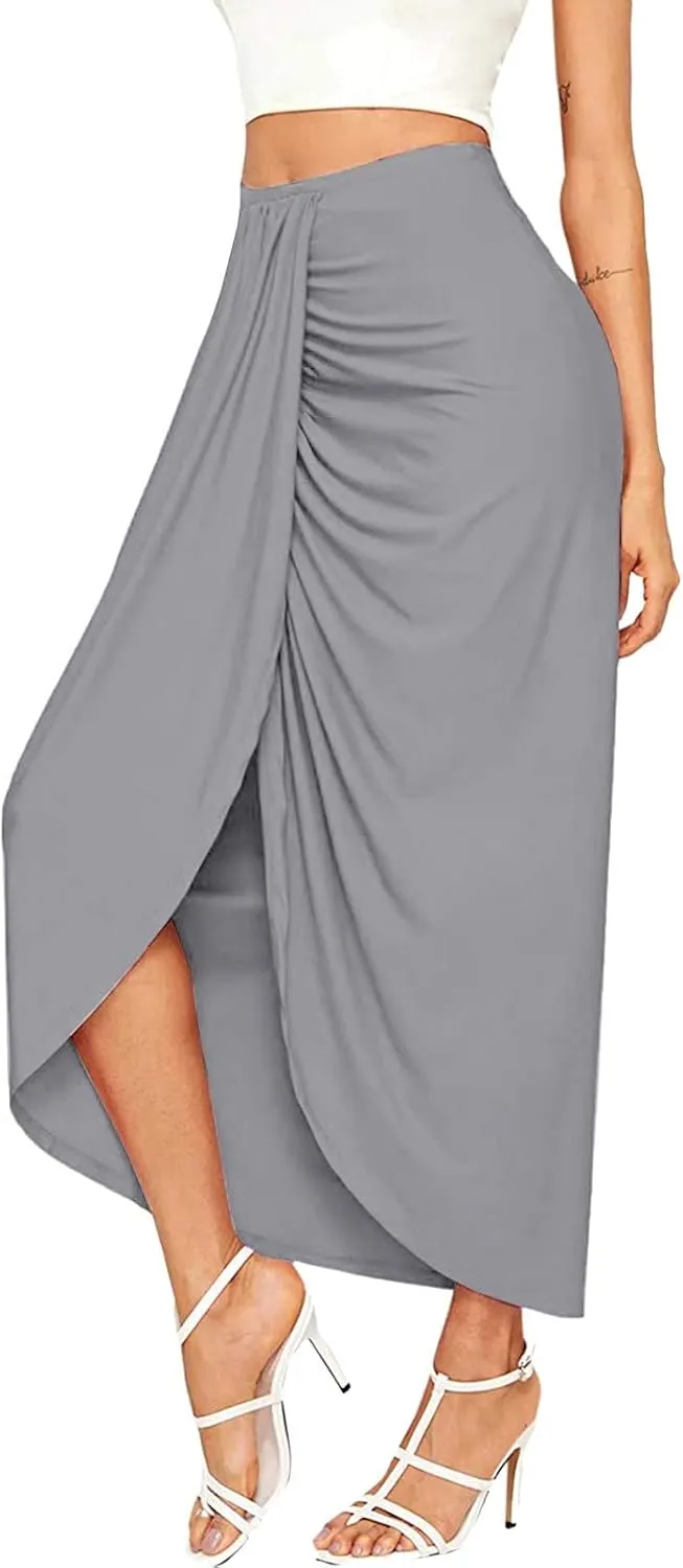 Wrap Women's Draped Skirt High Waist Slit Maxi Solid Elastic Asymmetrical Casual Skirt Maxi Skirt