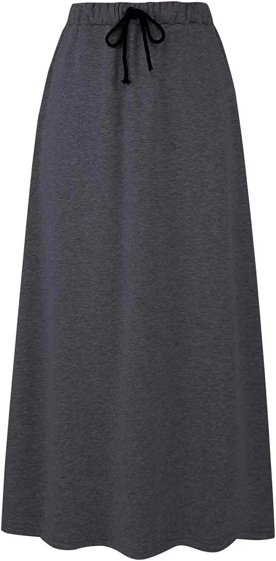Ylingjun Womens Warm Fleece Lined Long Jersey Skirts Elastic Waist A Line Flared Winter Skirt