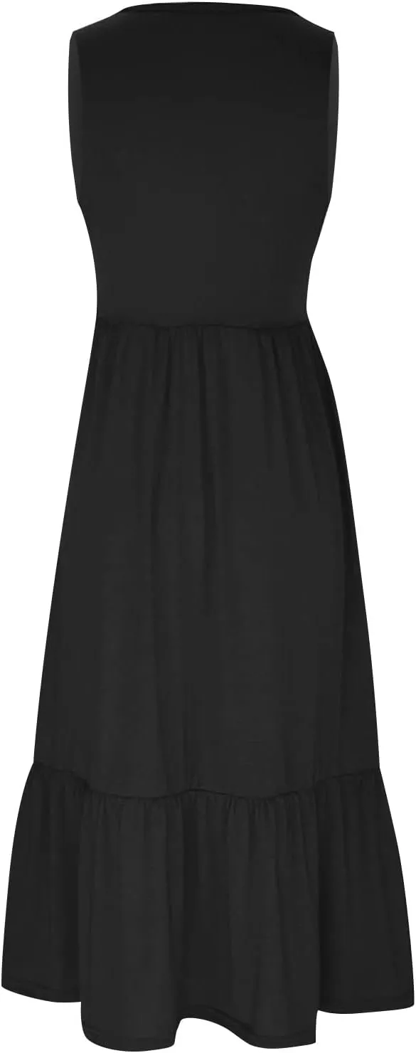 ZDRZK Sundresses for Women 2024 Crewneck Casual Flowy Beach Maxi Dress Sleeveless Tiered Summer Tank Dresses with Pockets