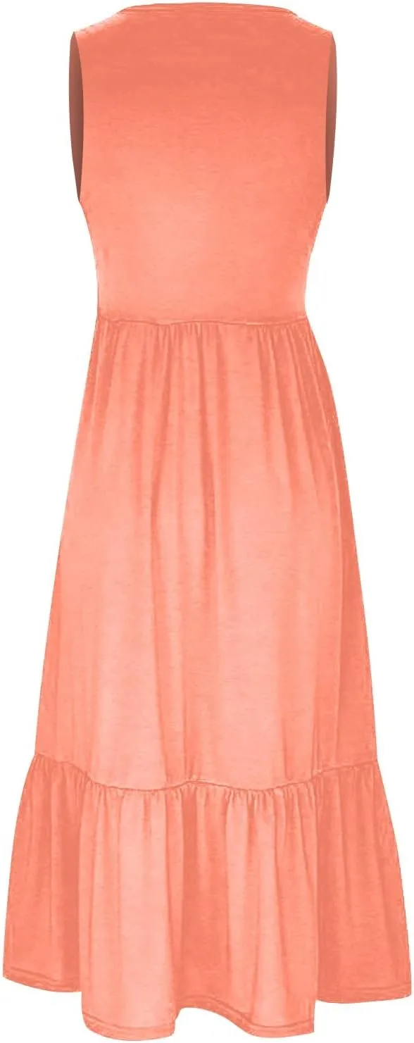 ZDRZK Sundresses for Women 2024 Crewneck Casual Flowy Beach Maxi Dress Sleeveless Tiered Summer Tank Dresses with Pockets