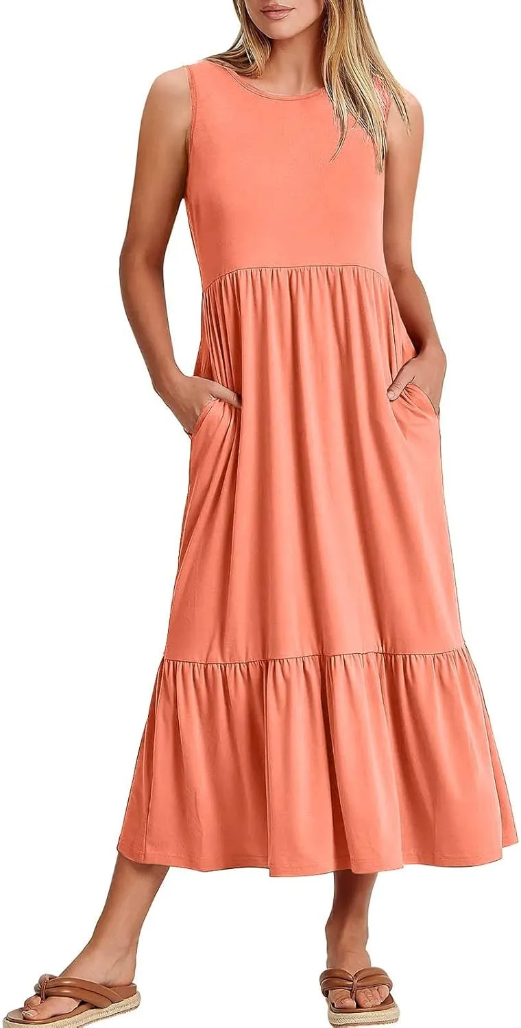 ZDRZK Sundresses for Women 2024 Crewneck Casual Flowy Beach Maxi Dress Sleeveless Tiered Summer Tank Dresses with Pockets