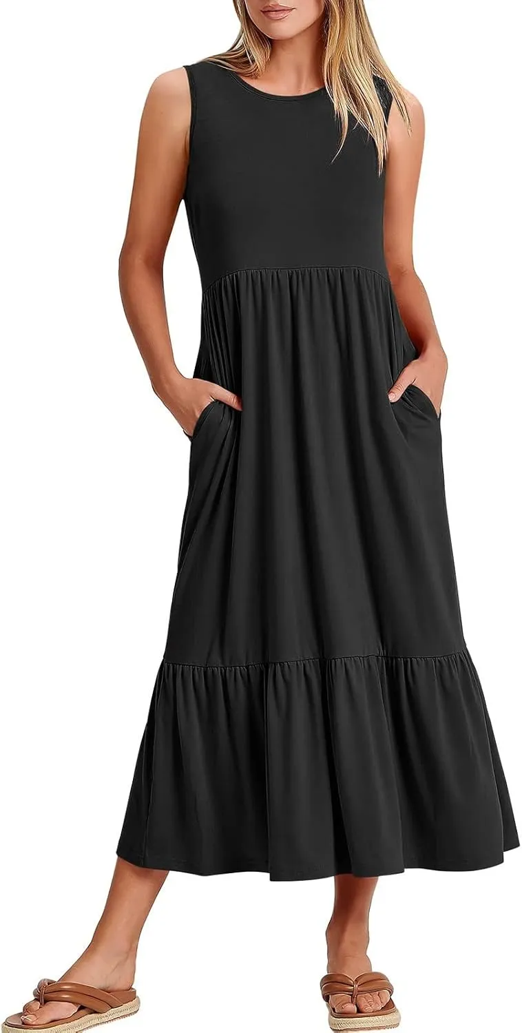ZDRZK Sundresses for Women 2024 Crewneck Casual Flowy Beach Maxi Dress Sleeveless Tiered Summer Tank Dresses with Pockets