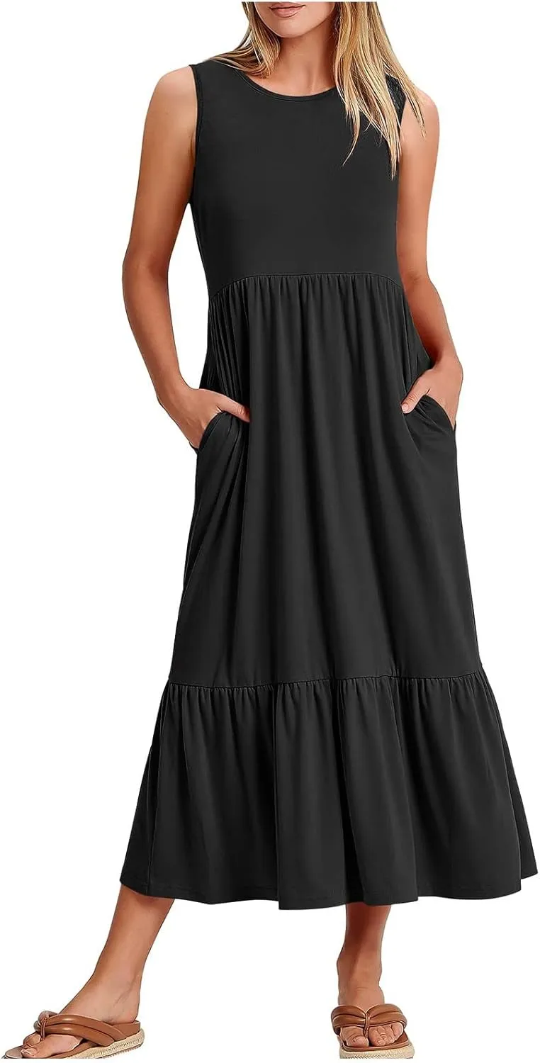 ZDRZK Sundresses for Women 2024 Crewneck Casual Flowy Beach Maxi Dress Sleeveless Tiered Summer Tank Dresses with Pockets