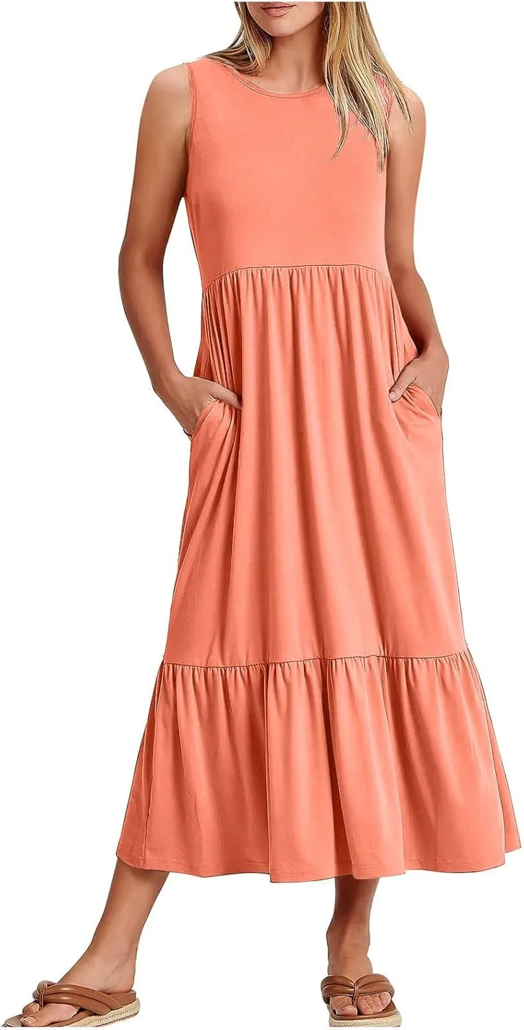 ZDRZK Sundresses for Women 2024 Crewneck Casual Flowy Beach Maxi Dress Sleeveless Tiered Summer Tank Dresses with Pockets