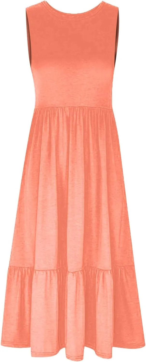 ZDRZK Sundresses for Women 2024 Crewneck Casual Flowy Beach Maxi Dress Sleeveless Tiered Summer Tank Dresses with Pockets