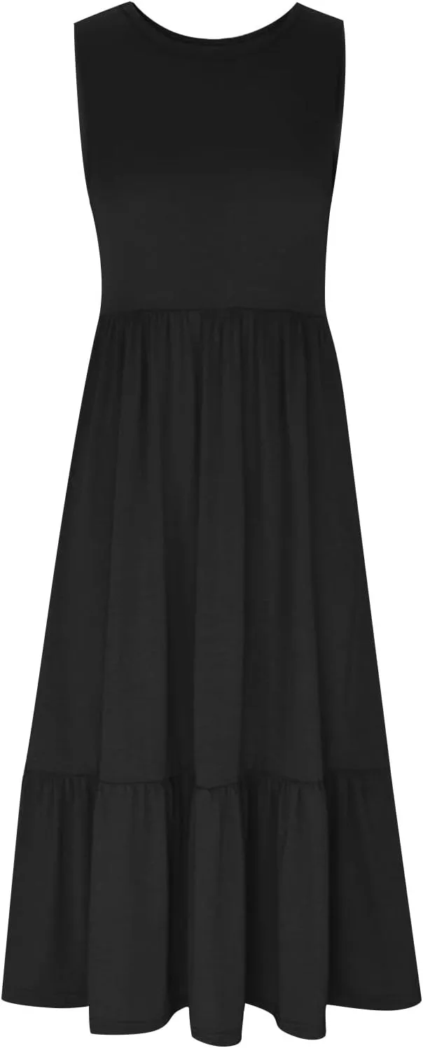 ZDRZK Sundresses for Women 2024 Crewneck Casual Flowy Beach Maxi Dress Sleeveless Tiered Summer Tank Dresses with Pockets
