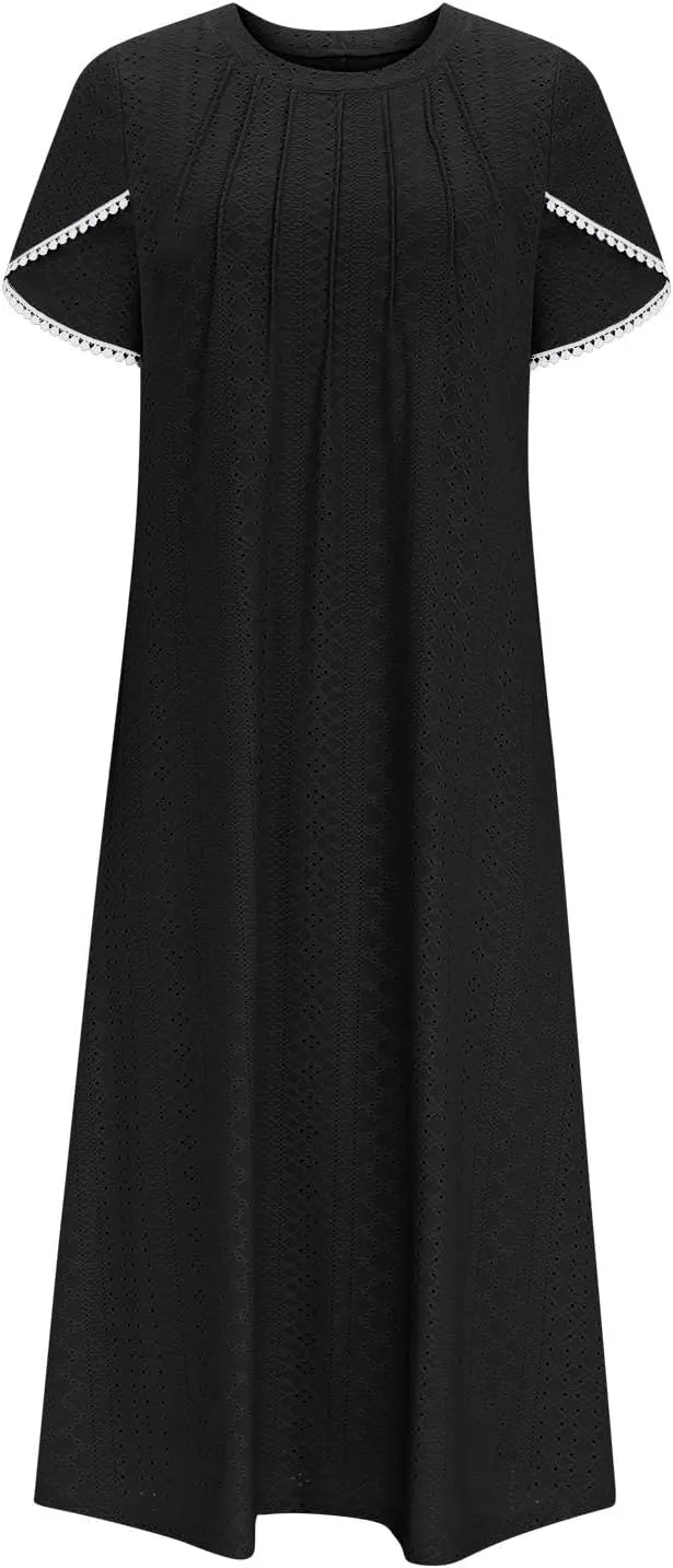 ZDRZK Sundresses for Women Eyelet Embroidery Solid Color Long Maxi Dresses Pockets Hollow Out Casual Dresses 2024 Trendy