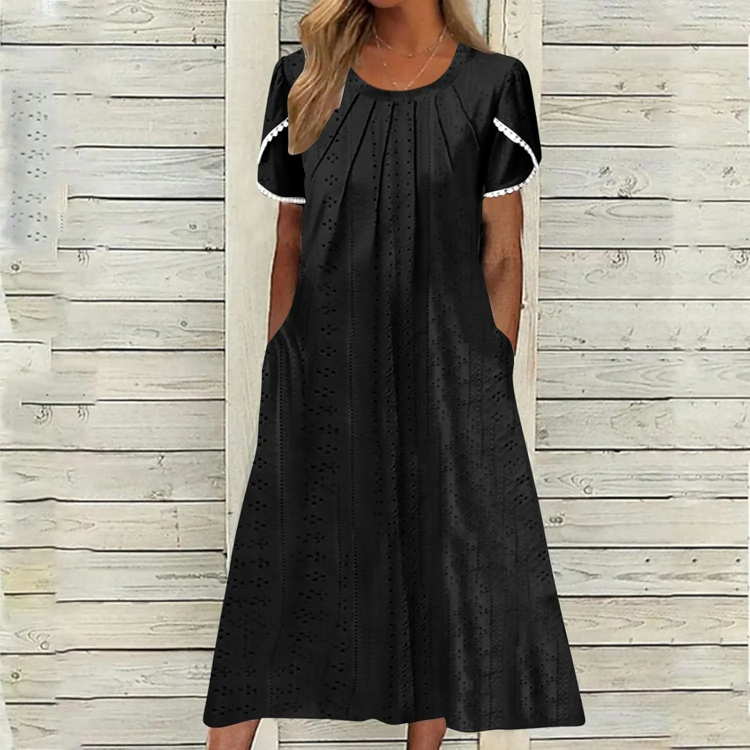 ZDRZK Sundresses for Women Eyelet Embroidery Solid Color Long Maxi Dresses Pockets Hollow Out Casual Dresses 2024 Trendy