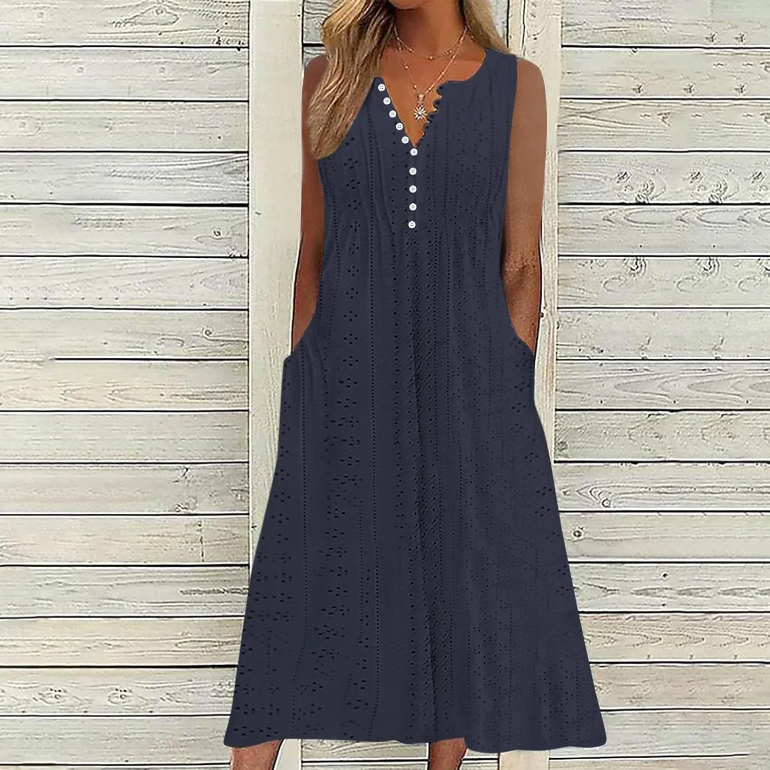 ZDRZK Sundresses for Women Eyelet Embroidery Solid Color Long Maxi Dresses Pockets Hollow Out Casual Dresses 2024 Trendy