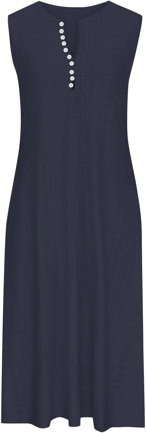 ZDRZK Sundresses for Women Eyelet Embroidery Solid Color Long Maxi Dresses Pockets Hollow Out Casual Dresses 2024 Trendy