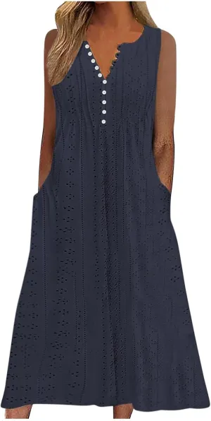 ZDRZK Sundresses for Women Eyelet Embroidery Solid Color Long Maxi Dresses Pockets Hollow Out Casual Dresses 2024 Trendy