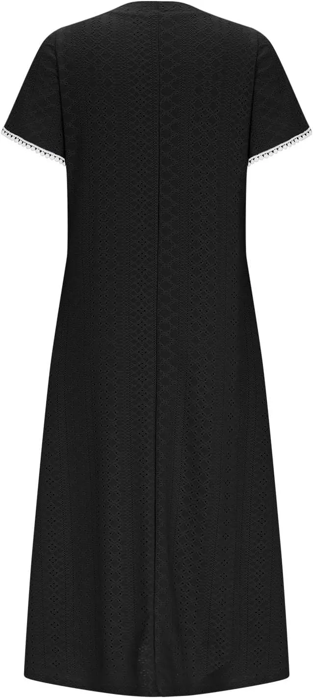 ZDRZK Sundresses for Women Eyelet Embroidery Solid Color Long Maxi Dresses Pockets Hollow Out Casual Dresses 2024 Trendy
