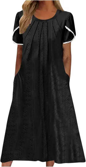 ZDRZK Sundresses for Women Eyelet Embroidery Solid Color Long Maxi Dresses Pockets Hollow Out Casual Dresses 2024 Trendy